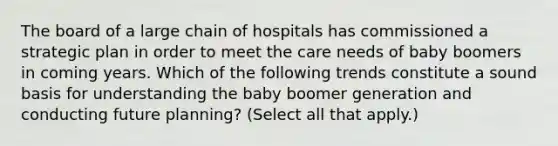 The board of a large chain of hospitals has commissioned a strategic plan in order to meet the care needs of baby boomers in coming years. Which of the following trends constitute a sound basis for understanding the baby boomer generation and conducting future planning? (Select all that apply.)