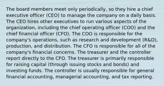 The board members meet only periodically, so they hire a chief executive officer (CEO) to manage the company on a daily basis. The CEO hires other executives to run various aspects of the organization, including the chief operating officer (COO) and the chief financial officer (CFO). The COO is responsible for the company's operations, such as research and development (R&D), production, and distribution. The CFO is responsible for all of the company's financial concerns. The treasurer and the controller report directly to the CFO. The treasurer is primarily responsible for raising capital (through issuing stocks and bonds) and investing funds. The controller is usually responsible for general financial accounting, managerial accounting, and tax reporting.