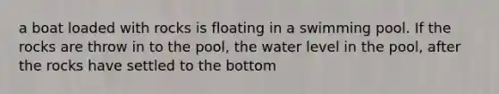 a boat loaded with rocks is floating in a swimming pool. If the rocks are throw in to the pool, the water level in the pool, after the rocks have settled to the bottom