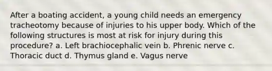 After a boating accident, a young child needs an emergency tracheotomy because of injuries to his upper body. Which of the following structures is most at risk for injury during this procedure? a. Left brachiocephalic vein b. Phrenic nerve c. Thoracic duct d. Thymus gland e. Vagus nerve