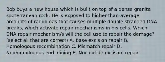 Bob buys a new house which is built on top of a dense granite subterranean rock. He is exposed to higher-than-average amounts of radon gas that causes multiple double stranded DNA breaks, which activate repair mechanisms in his cells. Which DNA repair mechanism/s will the cell use to repair the damage? (select all that are correct) A. Base excision repair B. Homologous recombination C. Mismatch repair D. Nonhomologous end joining E. Nucleotide excision repair