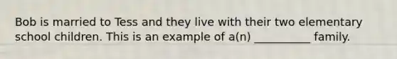 Bob is married to Tess and they live with their two elementary school children. This is an example of a(n) __________ family.