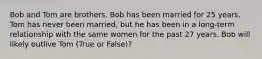 Bob and Tom are brothers. Bob has been married for 25 years. Tom has never been married, but he has been in a long-term relationship with the same women for the past 27 years. Bob will likely outlive Tom (True or False)?