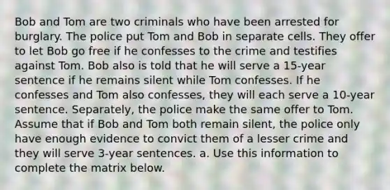 Bob and Tom are two criminals who have been arrested for burglary. The police put Tom and Bob in separate cells. They offer to let Bob go free if he confesses to the crime and testifies against Tom. Bob also is told that he will serve a​ 15-year sentence if he remains silent while Tom confesses. If he confesses and Tom also​ confesses, they will each serve a​ 10-year sentence.​ Separately, the police make the same offer to Tom. Assume that if Bob and Tom both remain​ silent, the police only have enough evidence to convict them of a lesser crime and they will serve​ 3-year sentences. a. Use this information to complete the matrix below.