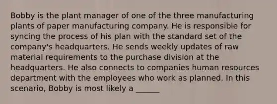 Bobby is the plant manager of one of the three manufacturing plants of paper manufacturing company. He is responsible for syncing the process of his plan with the standard set of the company's headquarters. He sends weekly updates of raw material requirements to the purchase division at the headquarters. He also connects to companies human resources department with the employees who work as planned. In this scenario, Bobby is most likely a ______