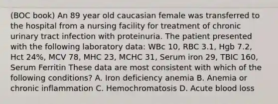 (BOC book) An 89 year old caucasian female was transferred to the hospital from a nursing facility for treatment of chronic urinary tract infection with proteinuria. The patient presented with the following laboratory data: WBc 10, RBC 3.1, Hgb 7.2, Hct 24%, MCV 78, MHC 23, MCHC 31, Serum iron 29, TBIC 160, Serum Ferritin These data are most consistent with which of the following conditions? A. Iron deficiency anemia B. Anemia or chronic inflammation C. Hemochromatosis D. Acute blood loss