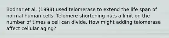 Bodnar et al. (1998) used telomerase to extend the life span of normal human cells. Telomere shortening puts a limit on the number of times a cell can divide. How might adding telomerase affect cellular aging?