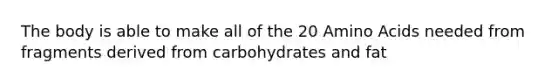 The body is able to make all of the 20 Amino Acids needed from fragments derived from carbohydrates and fat