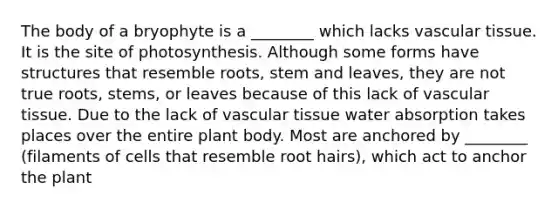 The body of a bryophyte is a ________ which lacks vascular tissue. It is the site of photosynthesis. Although some forms have structures that resemble roots, stem and leaves, they are not true roots, stems, or leaves because of this lack of vascular tissue. Due to the lack of vascular tissue water absorption takes places over the entire plant body. Most are anchored by ________ (filaments of cells that resemble root hairs), which act to anchor the plant