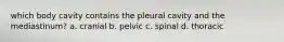 which body cavity contains the pleural cavity and the mediastinum? a. cranial b. pelvic c. spinal d. thoracic