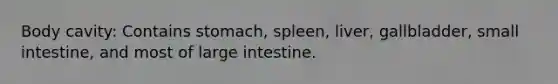 Body cavity: Contains stomach, spleen, liver, gallbladder, small intestine, and most of large intestine.