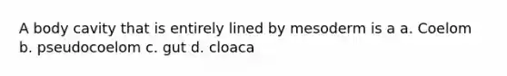 A body cavity that is entirely lined by mesoderm is a a. Coelom b. pseudocoelom c. gut d. cloaca