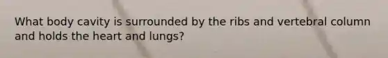 What body cavity is surrounded by the ribs and <a href='https://www.questionai.com/knowledge/ki4fsP39zf-vertebral-column' class='anchor-knowledge'>vertebral column</a> and holds <a href='https://www.questionai.com/knowledge/kya8ocqc6o-the-heart' class='anchor-knowledge'>the heart</a> and lungs?