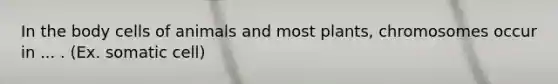 In the body cells of animals and most plants, chromosomes occur in ... . (Ex. somatic cell)