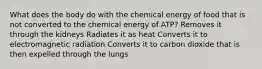 What does the body do with the chemical energy of food that is not converted to the chemical energy of ATP? Removes it through the kidneys Radiates it as heat Converts it to electromagnetic radiation Converts it to carbon dioxide that is then expelled through the lungs