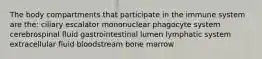 The body compartments that participate in the immune system are the: ciliary escalator mononuclear phagocyte system cerebrospinal fluid gastrointestinal lumen lymphatic system extracellular fluid bloodstream bone marrow