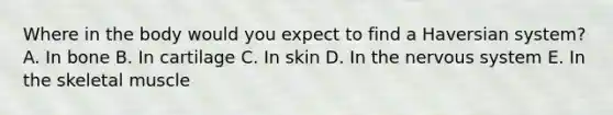 Where in the body would you expect to find a Haversian system? A. In bone B. In cartilage C. In skin D. In the <a href='https://www.questionai.com/knowledge/kThdVqrsqy-nervous-system' class='anchor-knowledge'>nervous system</a> E. In the skeletal muscle