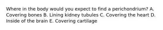 Where in the body would you expect to find a perichondrium? A. Covering bones B. Lining kidney tubules C. Covering the heart D. Inside of the brain E. Covering cartilage