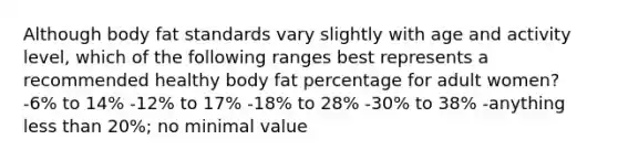 Although body fat standards vary slightly with age and activity level, which of the following ranges best represents a recommended healthy body fat percentage for adult women? -6% to 14% -12% to 17% -18% to 28% -30% to 38% -anything less than 20%; no minimal value