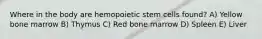 Where in the body are hemopoietic stem cells found? A) Yellow bone marrow B) Thymus C) Red bone marrow D) Spleen E) Liver