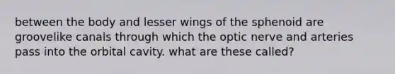 between the body and lesser wings of the sphenoid are groovelike canals through which the optic nerve and arteries pass into the orbital cavity. what are these called?