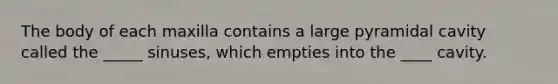 The body of each maxilla contains a large pyramidal cavity called the _____ sinuses, which empties into the ____ cavity.