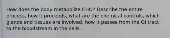 How does the body metabolize CHO? Describe the entire process, how it proceeds, what are the chemical controls, which glands and tissues are involved, how it passes from the GI tract to the bloodstream in the cells.