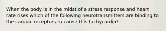 When the body is in the midst of a stress response and heart rate rises which of the following neurotransmitters are binding to the cardiac receptors to cause this tachycardia?