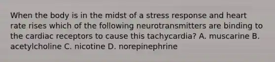 When the body is in the midst of a stress response and heart rate rises which of the following neurotransmitters are binding to the cardiac receptors to cause this tachycardia? A. muscarine B. acetylcholine C. nicotine D. norepinephrine