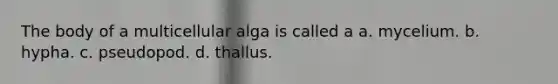 The body of a multicellular alga is called a a. mycelium. b. hypha. c. pseudopod. d. thallus.