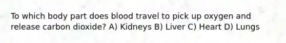 To which body part does blood travel to pick up oxygen and release carbon dioxide? A) Kidneys B) Liver C) Heart D) Lungs