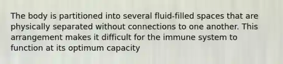 The body is partitioned into several fluid-filled spaces that are physically separated without connections to one another. This arrangement makes it difficult for the immune system to function at its optimum capacity