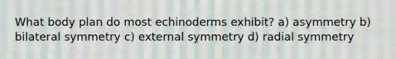 What body plan do most echinoderms exhibit? a) asymmetry b) bilateral symmetry c) external symmetry d) radial symmetry