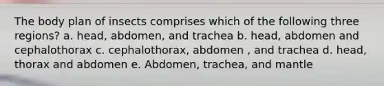 The body plan of insects comprises which of the following three regions? a. head, abdomen, and trachea b. head, abdomen and cephalothorax c. cephalothorax, abdomen , and trachea d. head, thorax and abdomen e. Abdomen, trachea, and mantle