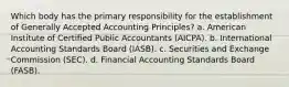 Which body has the primary responsibility for the establishment of Generally Accepted Accounting Principles? a. American Institute of Certified Public Accountants (AICPA). b. International Accounting Standards Board (IASB). c. Securities and Exchange Commission (SEC). d. Financial Accounting Standards Board (FASB).