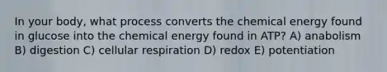 In your body, what process converts the chemical energy found in glucose into the chemical energy found in ATP? A) anabolism B) digestion C) cellular respiration D) redox E) potentiation