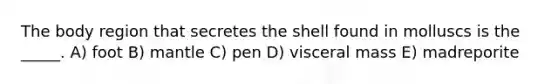 The body region that secretes the shell found in molluscs is the _____. A) foot B) mantle C) pen D) visceral mass E) madreporite