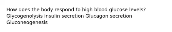 How does the body respond to high blood glucose levels? Glycogenolysis Insulin secretion Glucagon secretion Gluconeogenesis