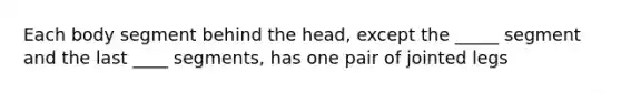 Each body segment behind the head, except the _____ segment and the last ____ segments, has one pair of jointed legs