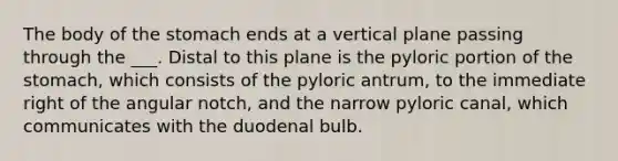 The body of the stomach ends at a vertical plane passing through the ___. Distal to this plane is the pyloric portion of the stomach, which consists of the pyloric antrum, to the immediate right of the angular notch, and the narrow pyloric canal, which communicates with the duodenal bulb.