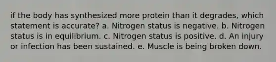 if the body has synthesized more protein than it degrades, which statement is accurate? a. Nitrogen status is negative. b. Nitrogen status is in equilibrium. c. Nitrogen status is positive. d. An injury or infection has been sustained. e. Muscle is being broken down.