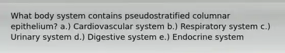 What body system contains pseudostratified columnar epithelium? a.) Cardiovascular system b.) Respiratory system c.) Urinary system d.) Digestive system e.) Endocrine system