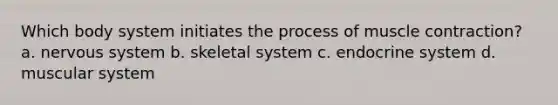 Which body system initiates the process of muscle contraction? a. nervous system b. skeletal system c. endocrine system d. muscular system