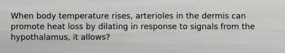 When body temperature rises, arterioles in <a href='https://www.questionai.com/knowledge/kEsXbG6AwS-the-dermis' class='anchor-knowledge'>the dermis</a> can promote heat loss by dilating in response to signals from the hypothalamus, it allows?