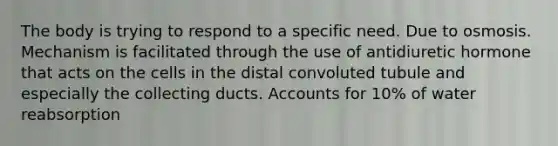 The body is trying to respond to a specific need. Due to osmosis. Mechanism is facilitated through the use of antidiuretic hormone that acts on the cells in the distal convoluted tubule and especially the collecting ducts. Accounts for 10% of water reabsorption