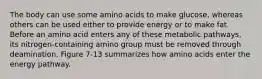 The body can use some amino acids to make glucose, whereas others can be used either to provide energy or to make fat. Before an amino acid enters any of these metabolic pathways, its nitrogen-containing amino group must be removed through deamination. Figure 7-13 summarizes how amino acids enter the energy pathway.