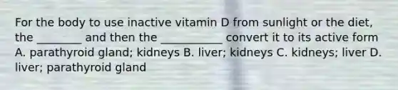 For the body to use inactive vitamin D from sunlight or the diet, the ________ and then the ___________ convert it to its active form A. parathyroid gland; kidneys B. liver; kidneys C. kidneys; liver D. liver; parathyroid gland