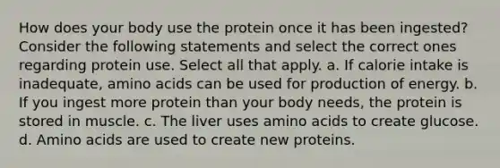 How does your body use the protein once it has been ingested? Consider the following statements and select the correct ones regarding protein use. Select all that apply. a. If calorie intake is inadequate, amino acids can be used for production of energy. b. If you ingest more protein than your body needs, the protein is stored in muscle. c. The liver uses amino acids to create glucose. d. Amino acids are used to create new proteins.