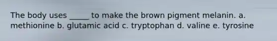 The body uses _____ to make the brown pigment melanin. a. methionine b. glutamic acid c. tryptophan d. valine e. tyrosine