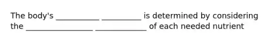 The body's ___________ __________ is determined by considering the _________________ _____________ of each needed nutrient